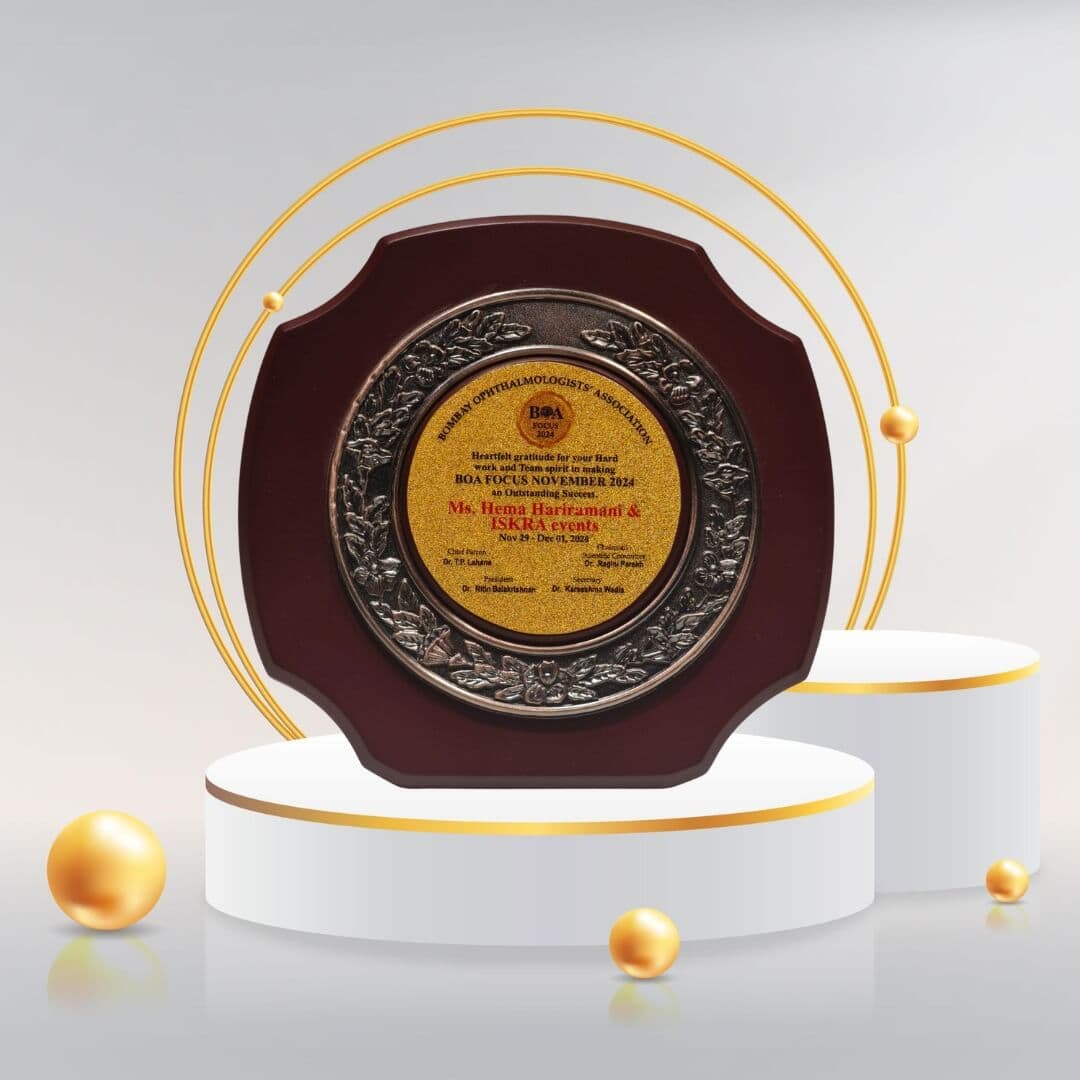 Award plaque for Ms. Hema Hairamami & ISKRA events at BOA Focus November 2024.